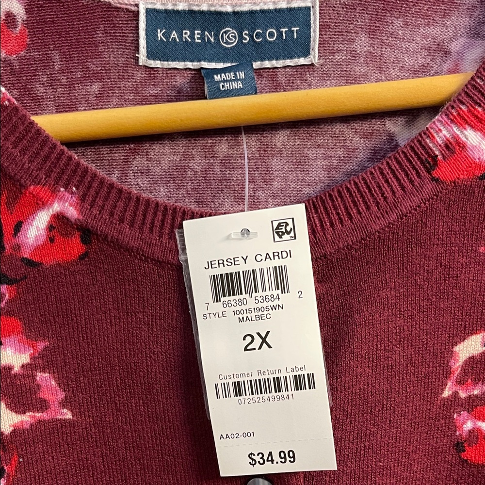 Karen Scott Burgundy Floral Cardigan - Picture 2 of 3